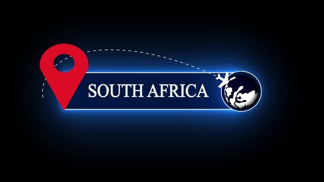 Sleek South Africa country title label for digital media, enhanced by a vibrant red navigation pin and a neon globe loop track
