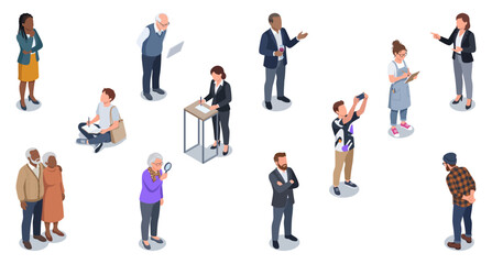 Obraz premium Museum visitors and diverse tourists viewing art gallery exhibition | Isometric people character flat vector illustrations set