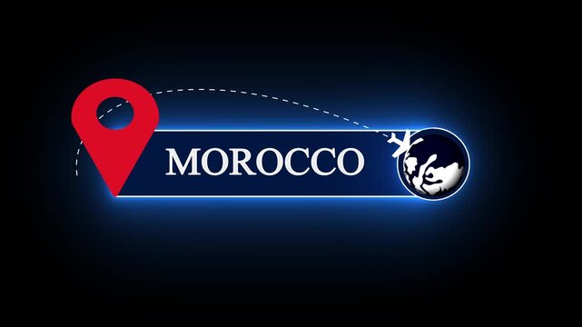 Vibrant country nameplate for Morocco travel media, stylized with an illuminated digital plate and planetary tracking system