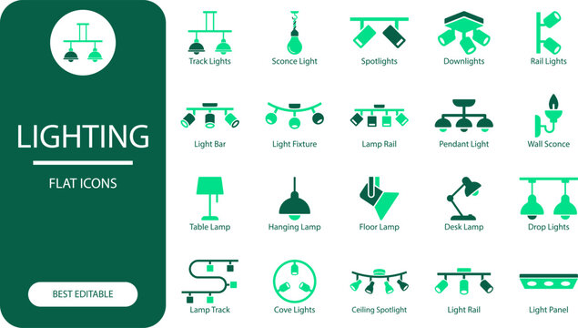 Lighting flat icons set for interior illumination track lights sconce spotlights pendant lamp wall sconce table lamp floor lamp and ceiling lights collection isolated white.