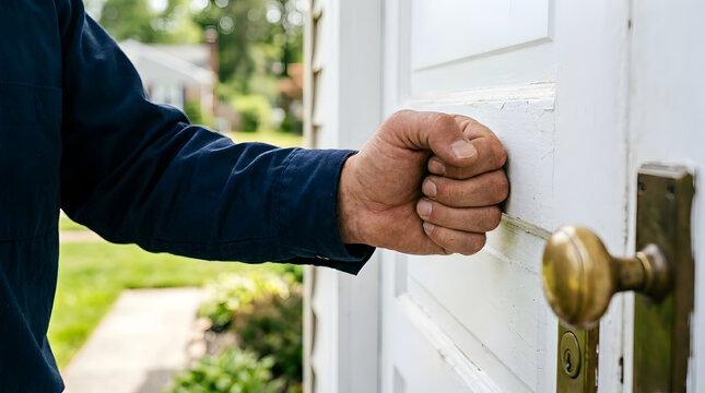 Man's Hand Knocking on a White Wooden Front Door | Close Up of a Male Visitor Using Fist to Knock | Home Visit Concept with Delivery or Salesman Arrival | Entrance to a House with Vintage Brass Knob