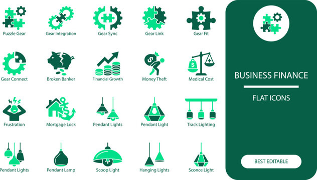 Business finance flat icons collection with gears puzzle broken banker financial growth money theft medical cost frustration mortgage lock pendant lights track lights.