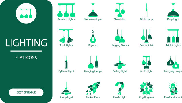 Lighting flat icons set with pendant lights suspension chandelier table lamp drop light track lights bayonet hanging globes pendant triplet lights cylinder hanging lamps.