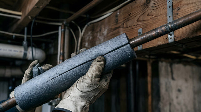 Plumber installing foam insulation on copper water pipe in basement | Winterizing home to prevent frozen pipes and water damage | DIY home maintenance for energy efficiency and heat loss reduction