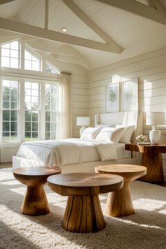 Modern Cozy Interior Bedroom Apartment room beige color, Comfortable House Design AI Generative