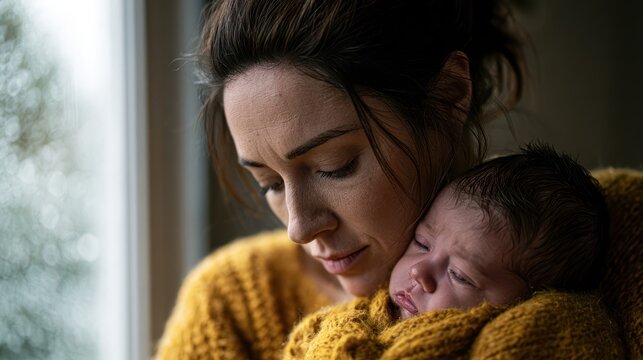 Tired young caucasian mother holding newborn baby close to face by window