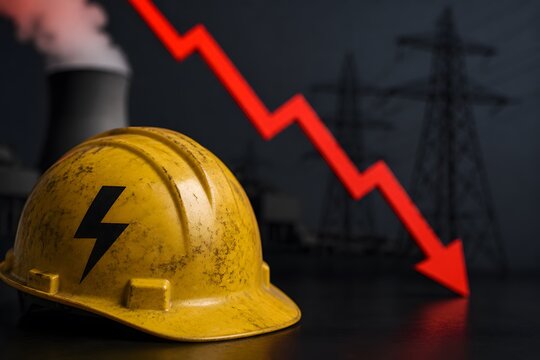 Hard hat with a lightning bolt symbol and a descending red arrow indicating declining energy sector or industrial decline, concept of economic recession or industry crisis.