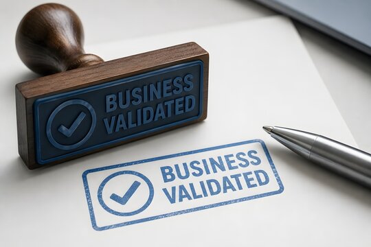 A rubber stamp with the text BUSINESS VALIDATED leaves a blue imprint on a sheet of paper, signifying approval and confirmation.