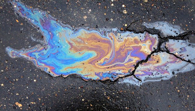 Close-up view of oil slick on cracked asphalt pavement, showing iridescent, colorful patterns
