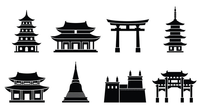 Collection Of Asian Temple Silhouettes Including Pagodas And Torii Gates Silhouette architecture pagoda gate oriental building