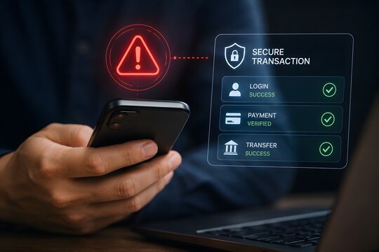 Secure transaction on a smartphone, concept of online safety and cybersecurity.