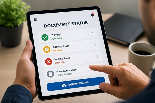 Checking document status on a tablet for the concept of application progress and verification.