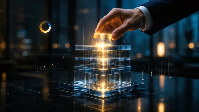 Businessman's hand connects a glowing data cube, visualizing innovative technology architecture, digital transformation, and strategic business development.