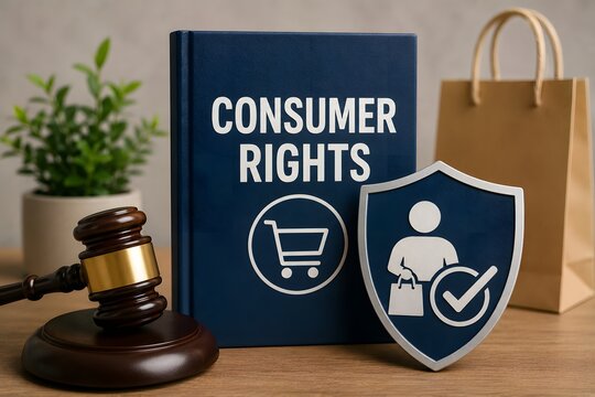 Consumer Rights Protection, A gavel and shield symbolize legal protection for consumers.