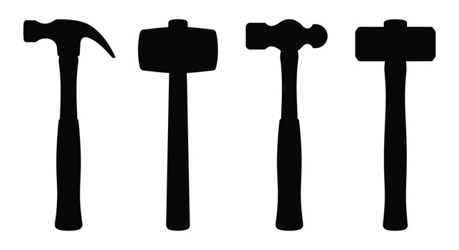 Four different hammers depicted as black silhouettes against a white background silhouette hammer claw ball peen sledgehammer
