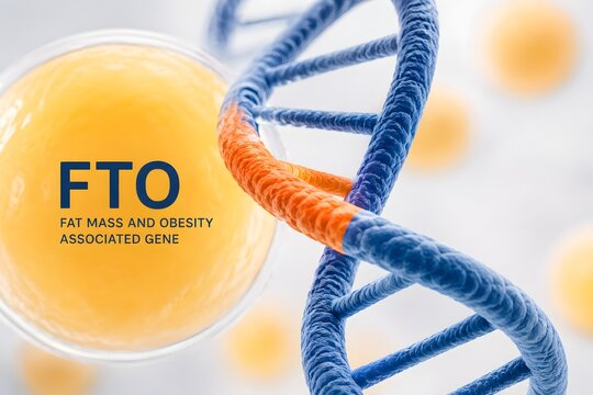 DNA structure with text FTO FAT MASS AND OBESITY ASSOCIATED GENE for the concept of genetic research and health