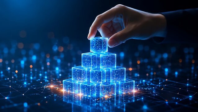 Human hand precisely places a glowing blue digital cube, constructing a pyramid of data blocks over a futuristic network background, symbolizing growth and connectivity.
