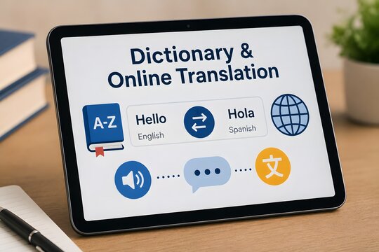 Digital dictionary and online translation app on a tablet for the concept of global communication and learning.