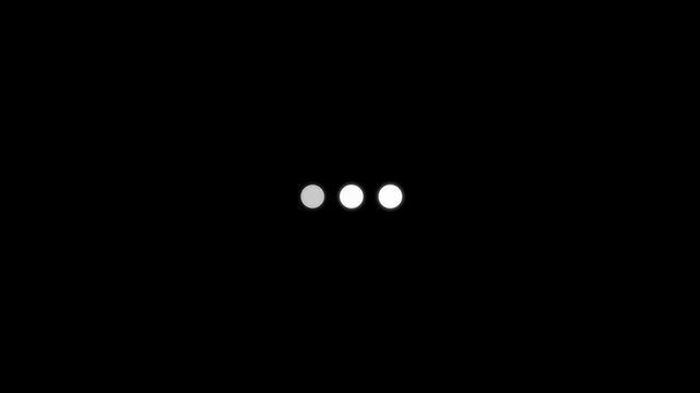 Minimalist loading dots animation, three pulsing circles progress indicator on black background buffering