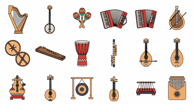 Diverse Collection of Traditional Musical Instruments from Around the World.