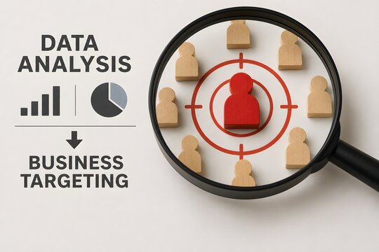 Magnifying glass over targets and data analysis for business targeting and market research.
