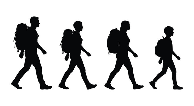 Four hikers with backpacks walking forward black silhouette against a white background backpackers travelers trekkers pedestrians