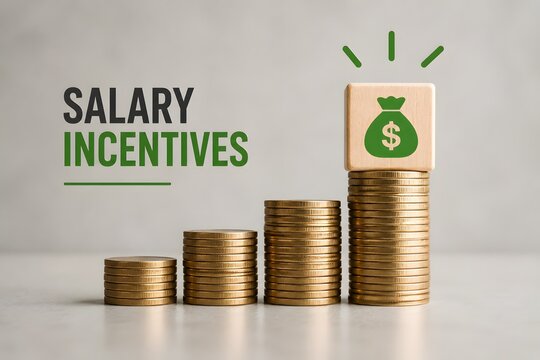 Salary incentives represented by coins and a money bag icon for the concept of financial growth.