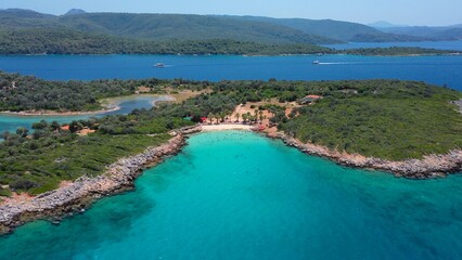 Sedir Adası famous with Cleopatra Beach's white, fine and soft sand, surrounded by azure and turquoise blue waters. Aerial View. Mediterranean Sea, Sedir Island, Gulf of Gökova, Muğla, Turkey © Faraways