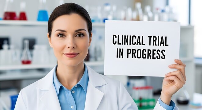 A scientist holding a sign that says Clinical Trial In Progress for the concept of medical research and development.