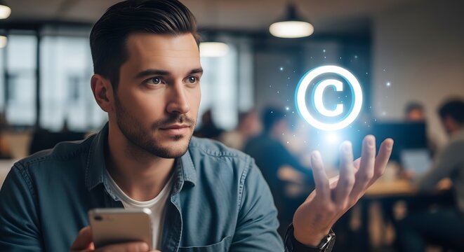 A man holding a smartphone with a copyright symbol glowing above his hand, representing intellectual property and digital rights.