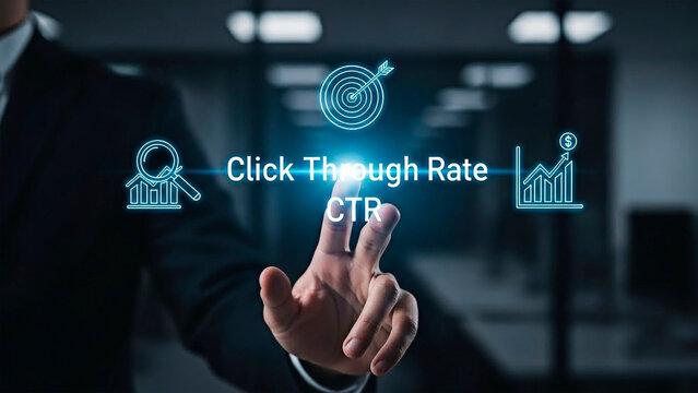 Click Through Rate (CTR) concept, with icons representing analytics and marketing.
