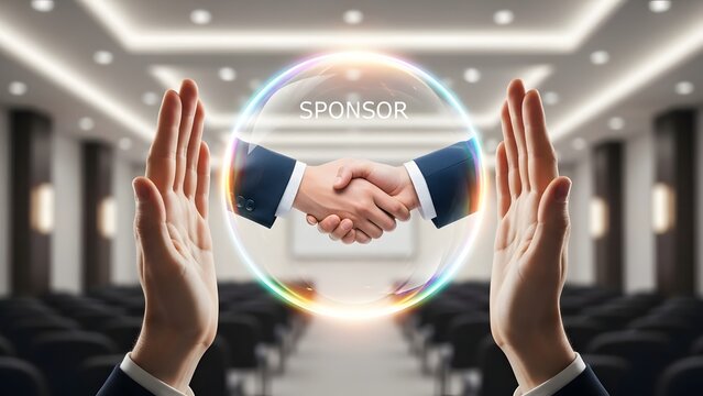 Sponsorship deal with a handshake in a conference hall, symbolizing business partnership and collaboration.