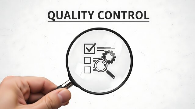 Quality control symbol and checklist being inspected with a magnifying glass for the concept of inspection and management.