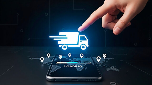 A finger tapping on a delivery truck icon on a smartphone screen, symbolizing logistics and online order tracking.