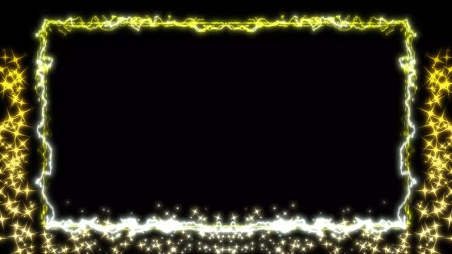 Shining gold star sparkles line animation and neon energy lightning frame on black background, abstract magical glowing border element for video editing, elegant luxury backdrop loop. 4k video