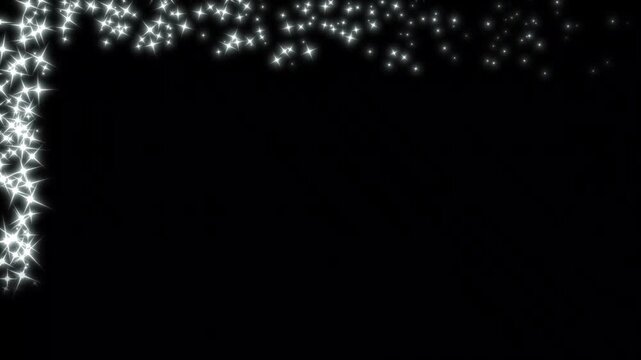 Beautiful white sparkling star particles forming a magical frame on a dark black background, glowing glitter effects border overlay for luxury wedding events, bright design. 4k video