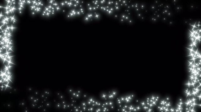 Glowing silver star particles border on magical sparkling glitter dust frame for overlay effect, bright abstract stardust animation background for  black screen videos. 4k video