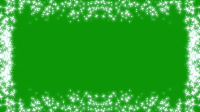Shimmering white stars frame animation with green background on elegant glitter trail border effect, glowing starry night elements for text space overlay motion graphics. 4k video