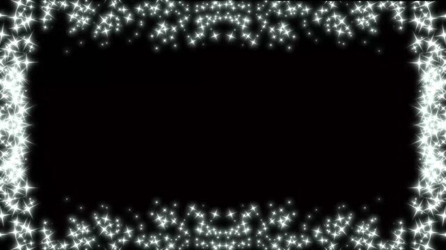 Shimmering white stars frame animation with black background on elegant glitter trail border effect, glowing starry night elements for text space overlay motion graphics. 4k video