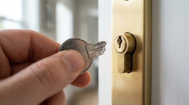 Broken key being held by a hand beside a metal door lock mechanism.