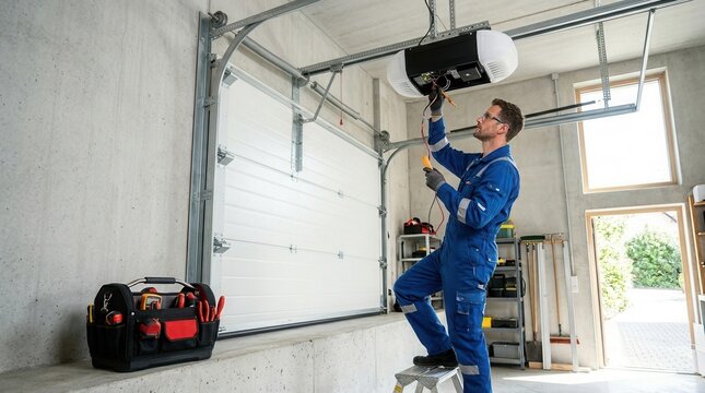 Expert contractor man repairing a white sectional garage door in a residential garage.