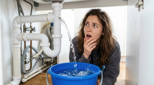Emergency plumbing problem with a leaking sink and a blue bucket.