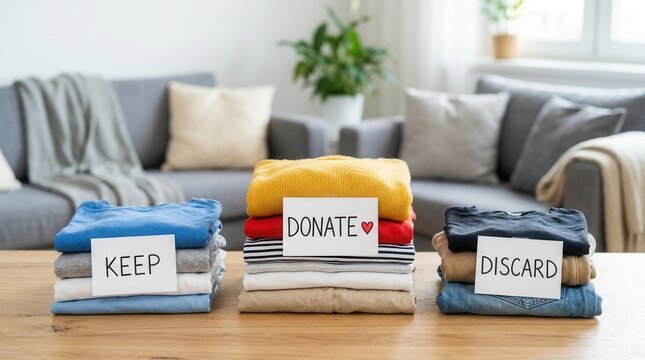 A person sorting laundry into piles for keep, donate with a heart, and discard categories.