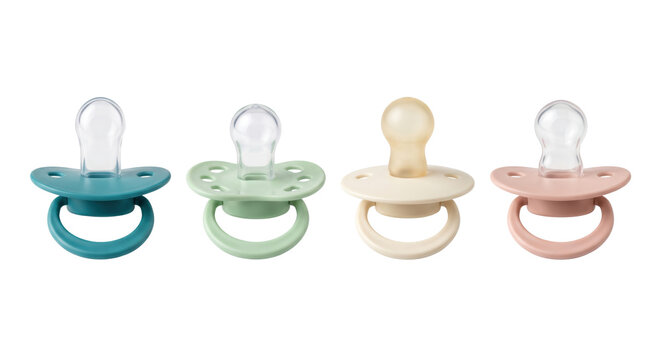 Four baby pacifiers in pastel colors, isolated on transparent background
