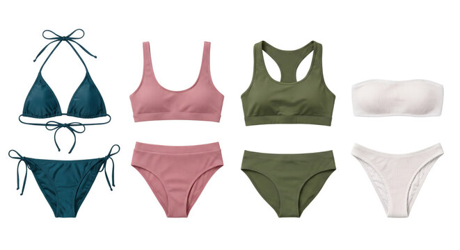 Collection of women bikini tops and bottoms isolated on transparent background