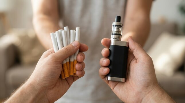 Person presenting a group of cigarettes and an e-cigarette for comparison.