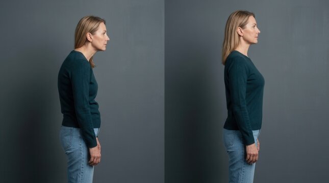 Comparison of incorrect slouching posture and correct spinal alignment in a woman