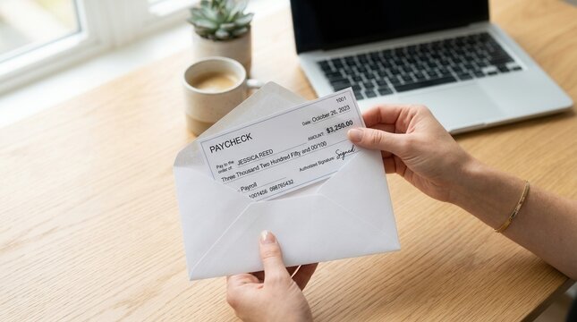 Person pulling a salary paycheck from an envelope near a laptop.