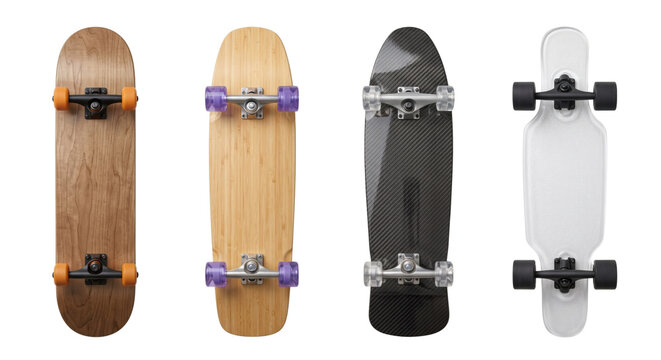 Four skateboards and longboards top view isolated on transparent background