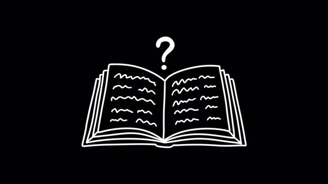Hand-drawn open book with question mark animation, seamless loop, alpha channel. Looped animation for education, difficult questions, exams, and confusion concepts.